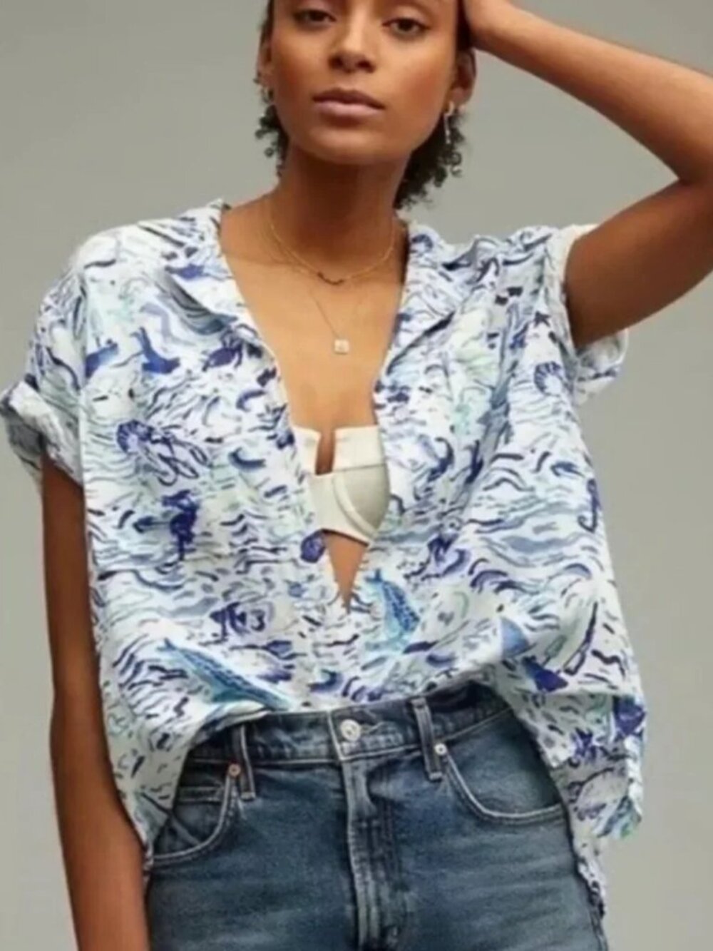 Button Front Short Sleeve Shirt - Blue & White Wave Print